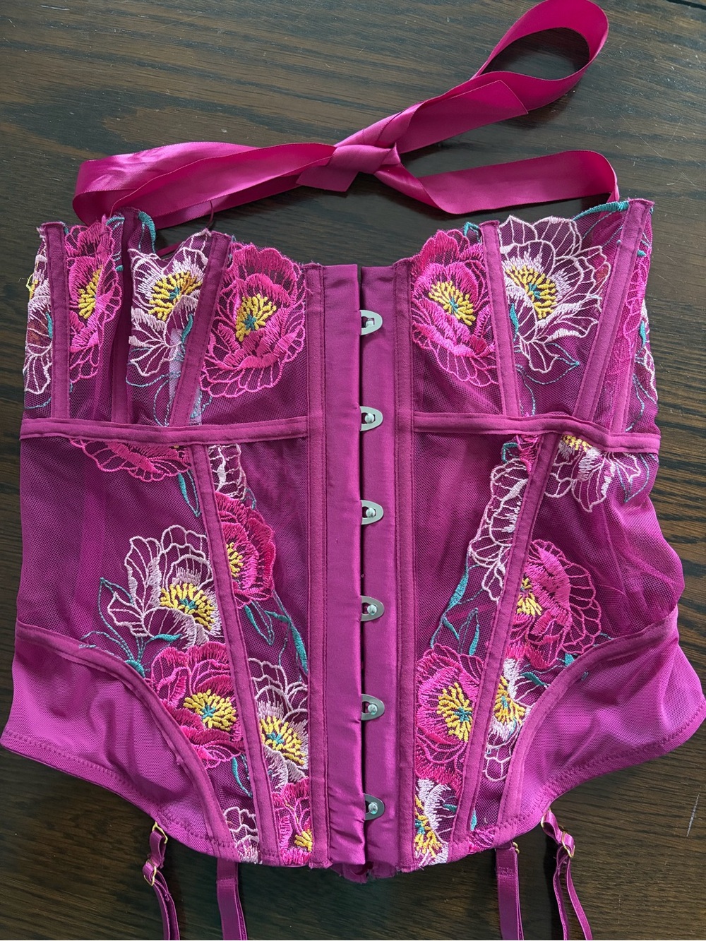 DreamGirls Floral Embroidered and Mesh Magenta Corset Set XL